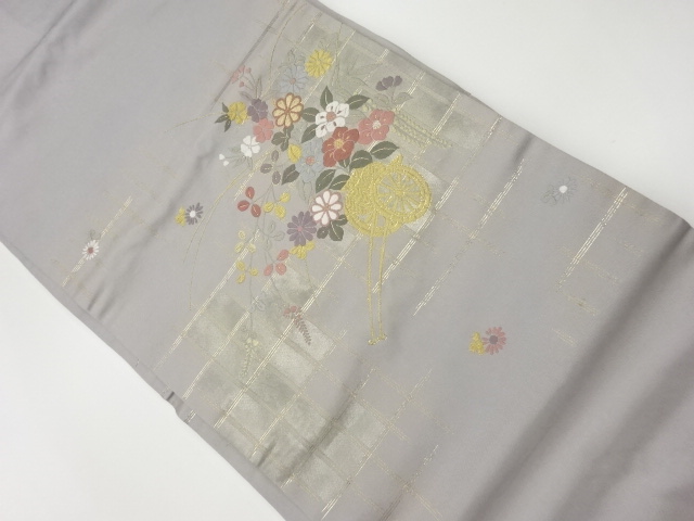 リサイクル　格子に花車模様織出し名古屋帯